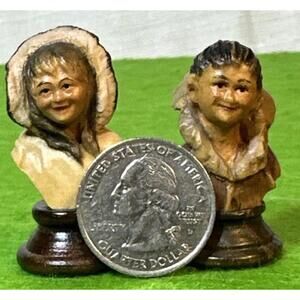 Vintage Anri Woodcarving ED ROHN ~ Miniature Eskimo Boy & Girl w/ Display Dome